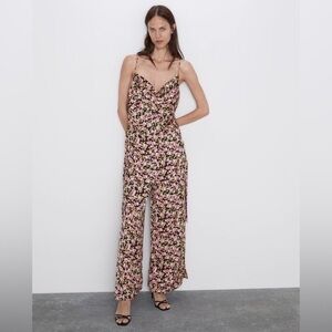 Zara Satin Wideleg Black Pink Orange Floral Formal Jumpsuit Cocktail Pockets